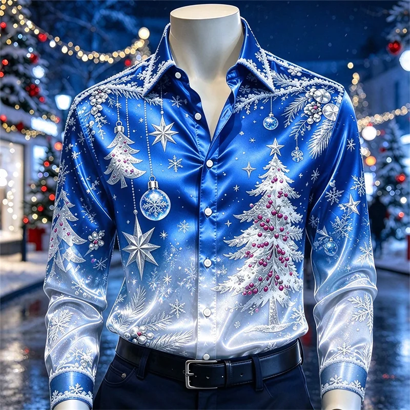 New men's shirt with navy blue and white Christmas wreath, pine cone bow, snowflake print, slim fit Christmas shirt