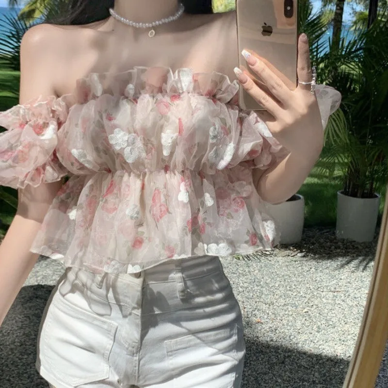 Slash Neck Floral Blouses Women Chiffon Famous Lady Summer Casual Y2k Tops Aesthetic Sexy Spicy Girl High Street Korean Style