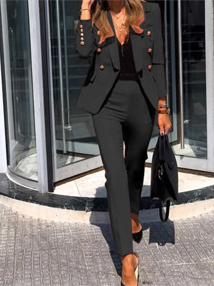 Autumn Winter For Women\'s New Solid Color Fashion Double Breasted Suit Slim Pocket Pencil Pants Female Office 2 Piece Set 2023