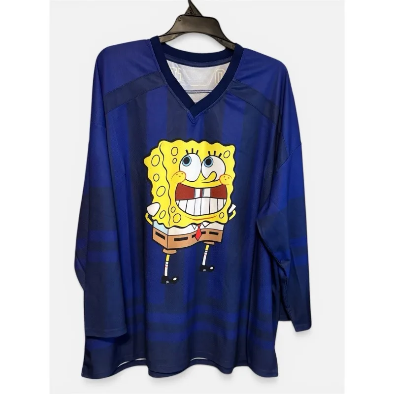 Tibetan Blue Vertical Stripe V-neck Ice Hockey Jersey Long Sleeved Breathable Loose Oversized Street Casual Pullover Jersey