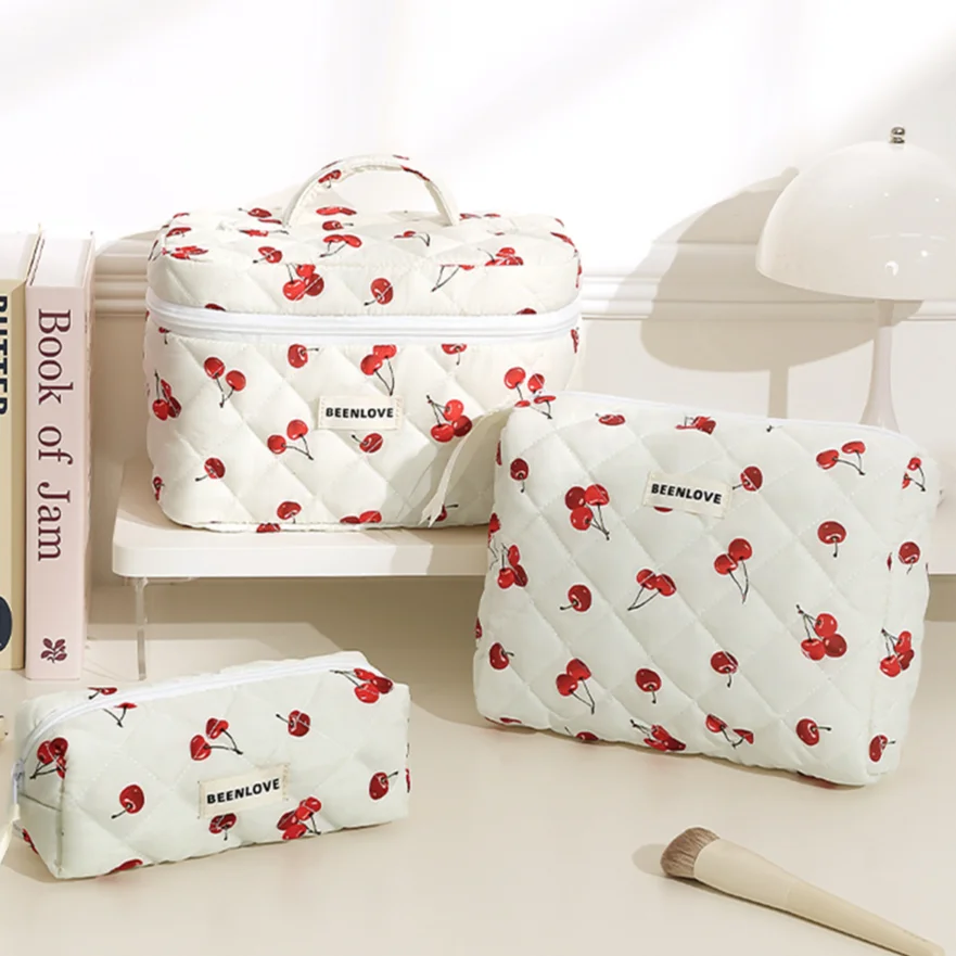 3pcs Aesthetic Cosmetic Organizer Set Quilted Cotton Sweet  Women Makeup Pouch Cherry/Heart Pattern Skincare Clutch Toiletry Bag