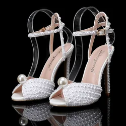 2023 New White Female Sandals Bridal Shoes Woman Fashion Thin Heel Big Pearl Girls Fashion Sandals Party Shoes Sandales Femmes