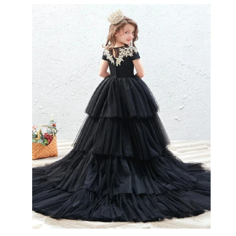 Preto applique flor menina vestido de renda manga curta tule inchado princesa crianças festa aniversário primeira comunhão vestidos baile vestido