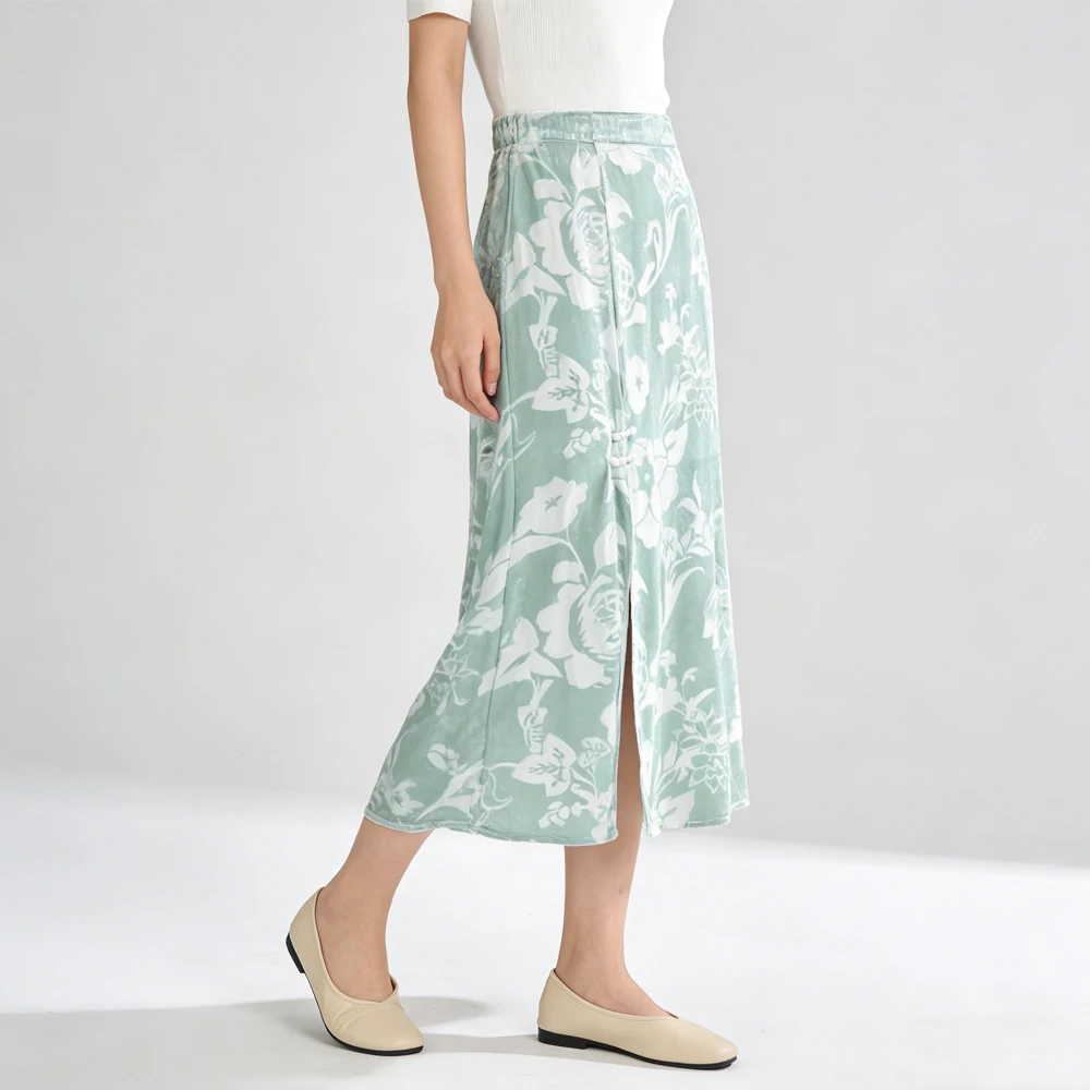 2026 Women's Fashion Spring Clothing Water Green 30% Natural Mulberry Silk Velvet Temperament Artistic Split Straight Tube Skirt