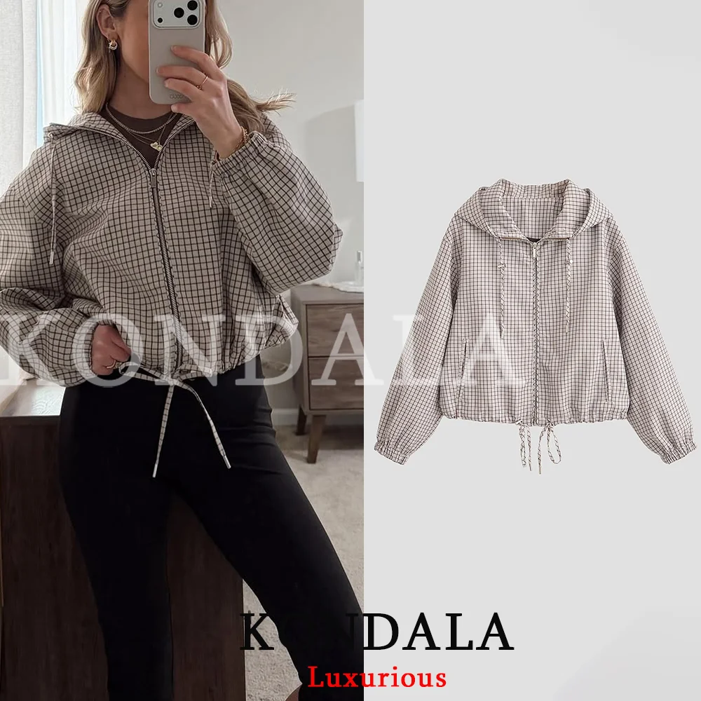 KONDALA Vintage Casual Chic Damesjas Geruit Rits Capuchon Lange Mouwen Zakken Losse Jas Mode 2026 Herfst Winterjas
