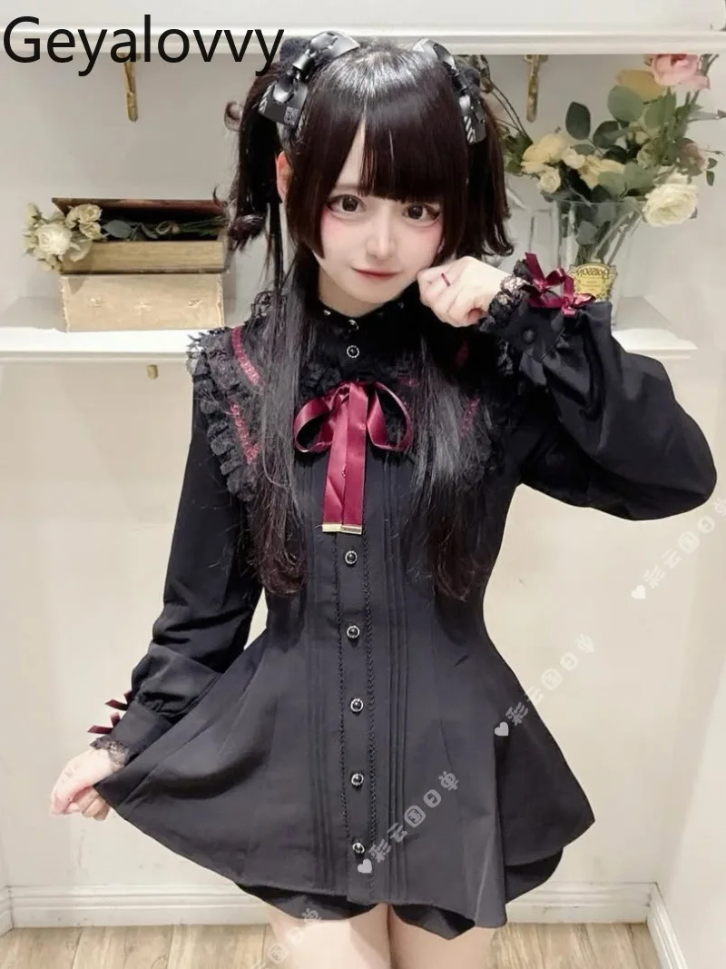 

Sc Set 2026 New Japanese Gothic Style Sweet Double-layer Lace Pointed Collar Tie-up Long Sleeve Dress and Shorts Two-piece Suit
