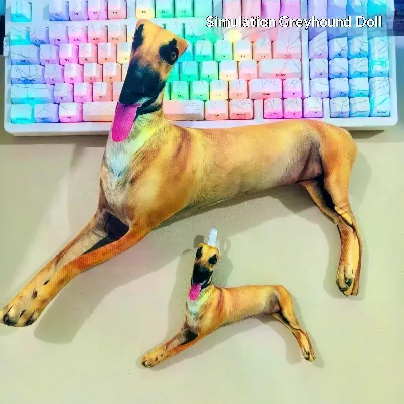 3D Realistic Greyhound Plush Keyboard Pendant Lying Kawaii Dog Stuffed Cushion Simulation Animal Doll Home Decor Gift
