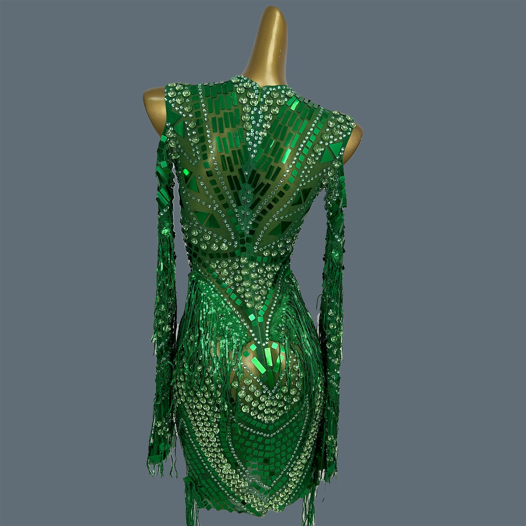 Sexy Women Full Rhinestone Sequins Tassel See Through Mesh Mini Dress Streamer Theme Party Photo Shoot Wear gig  Outfit Youzi