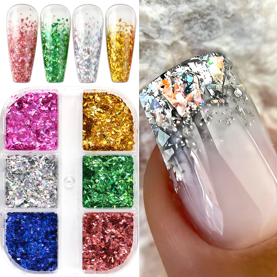 6 Grids Holographic Irregular Flakes Nail Sequins Glitter Silver Gold Nail Art Sequins Flakes Broken Foils Decorations Manicure