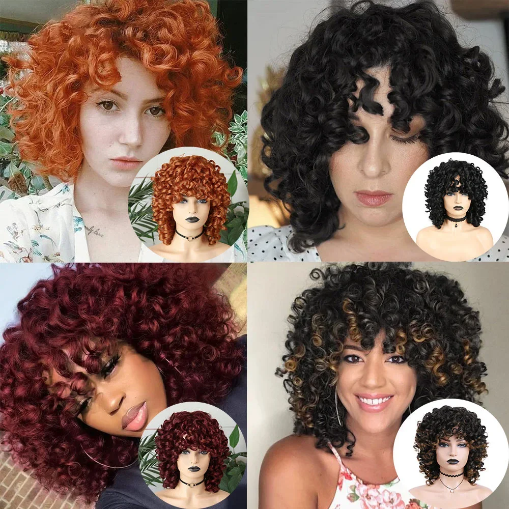 Short Afro Synthetic Orange Kinky Curly Wigs with Bangs for Black Women Natural Heat Resistant Hair Cosplay Highlight Wigs