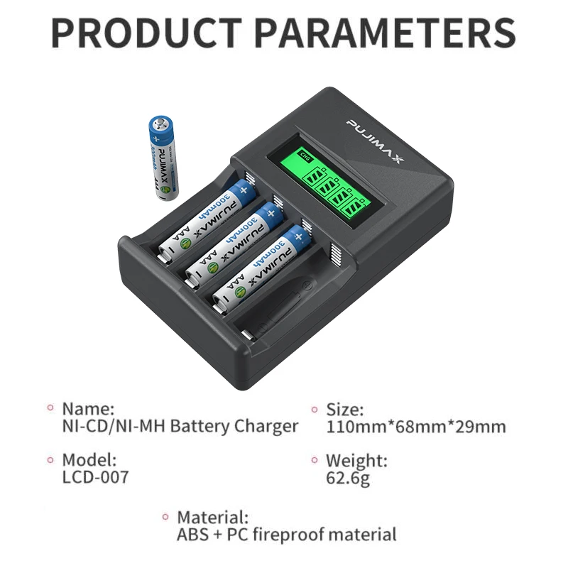 PUJIAMX 1.2V AA/AAA Rechargeable Battery Charger LCD Display Portable Universal Adapter Type C Interface Fast Charging Tool