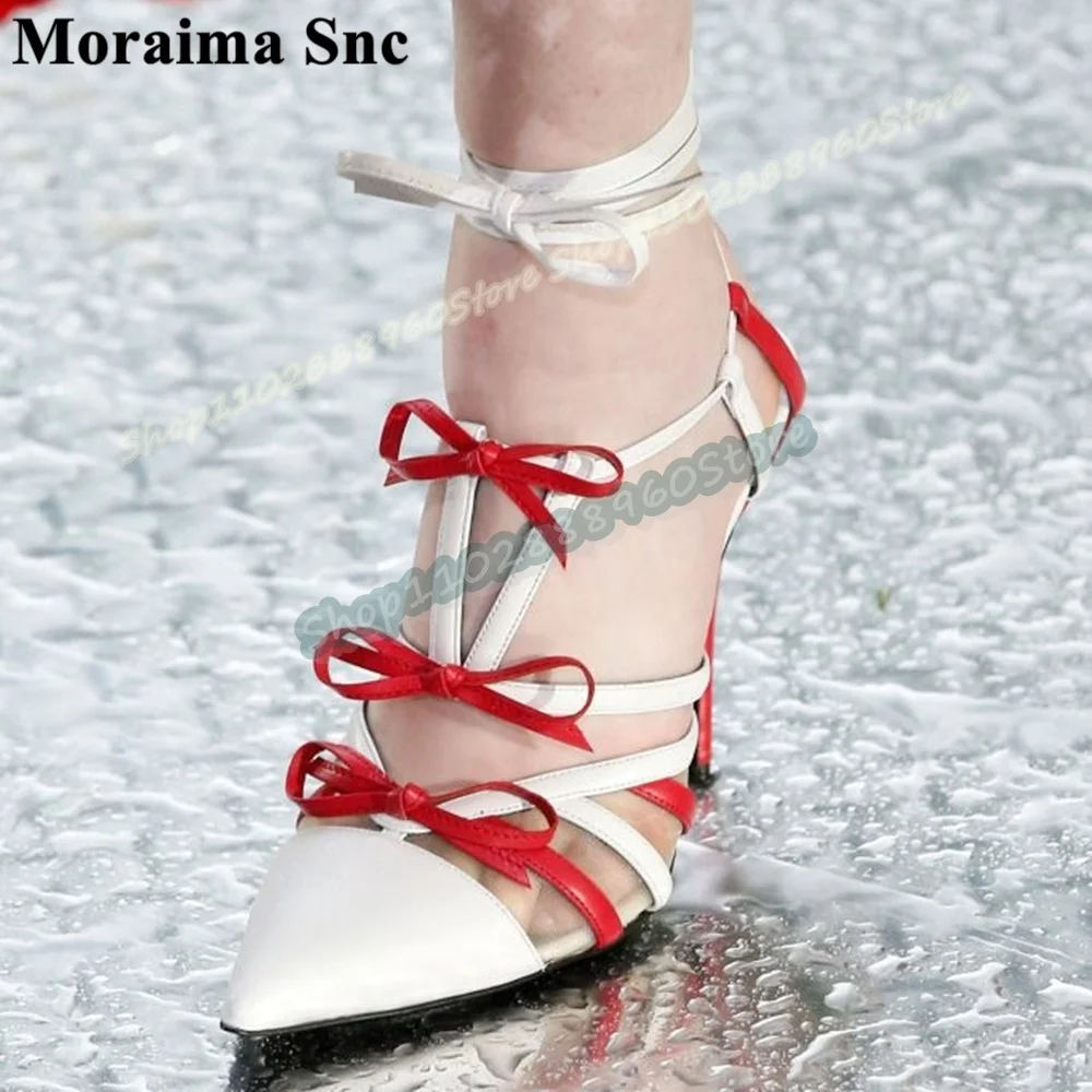 

Mixed Gauze And Leather Splicing Bowknots Sandals Thin High Heel Shoes For Women Lace Up Pointed Toe Stylish Zapatos Para Mujere