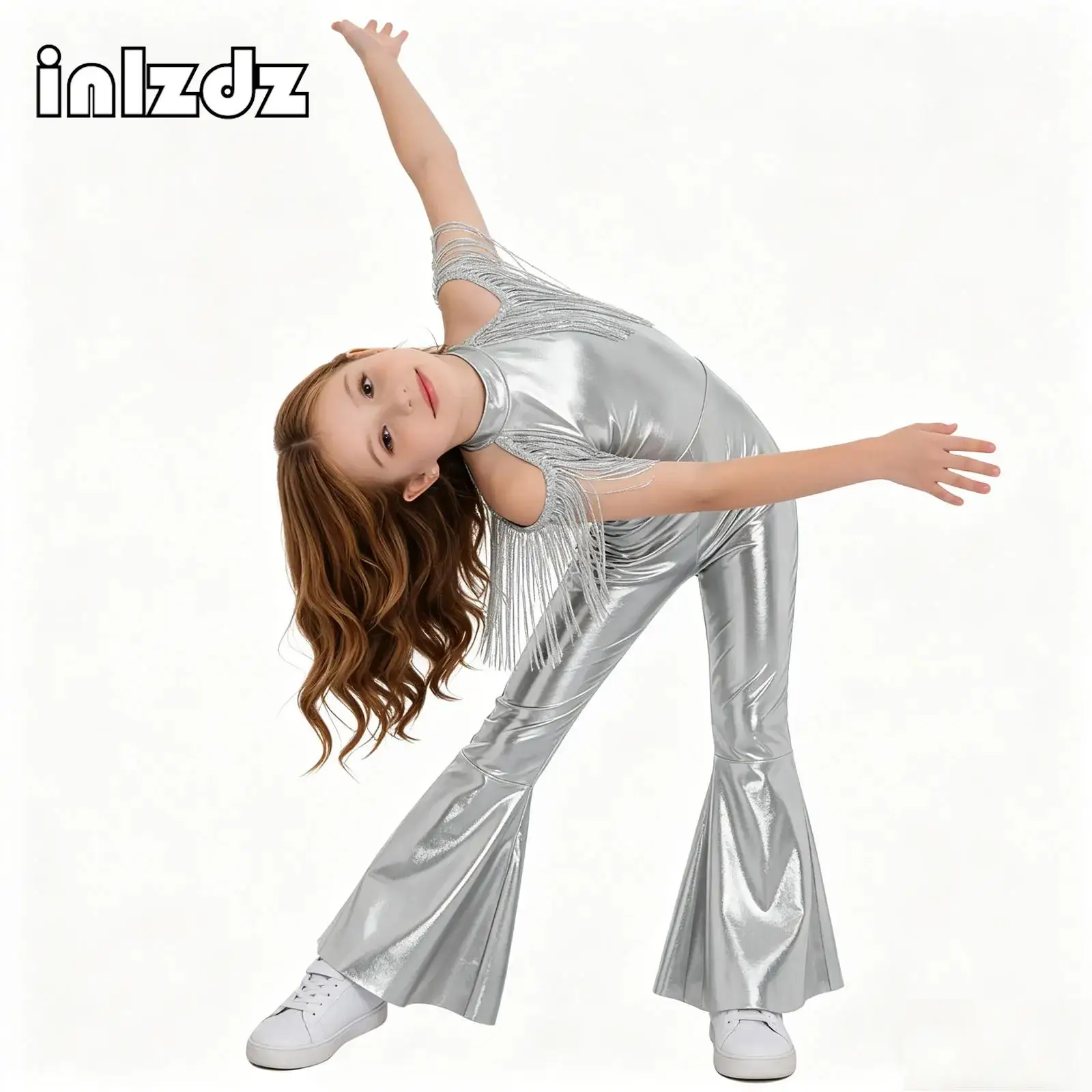 

Блестящий костюм хиппи на Хэллоуин для девочек, с бахромой на рукавах, пайетками, в стиле диско, для вечеринок в стиле 70-х и 80-х, комбинезон-клеш для выпускного бала