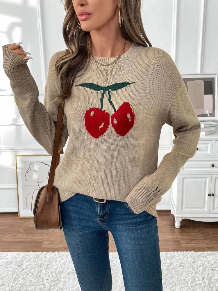 

Winter Clothes Woman Pulls Femmes Sweet Cute Women's Round Neck Loose Cherry Jacquard Pattern Knitted Sweater Comfortable Casual