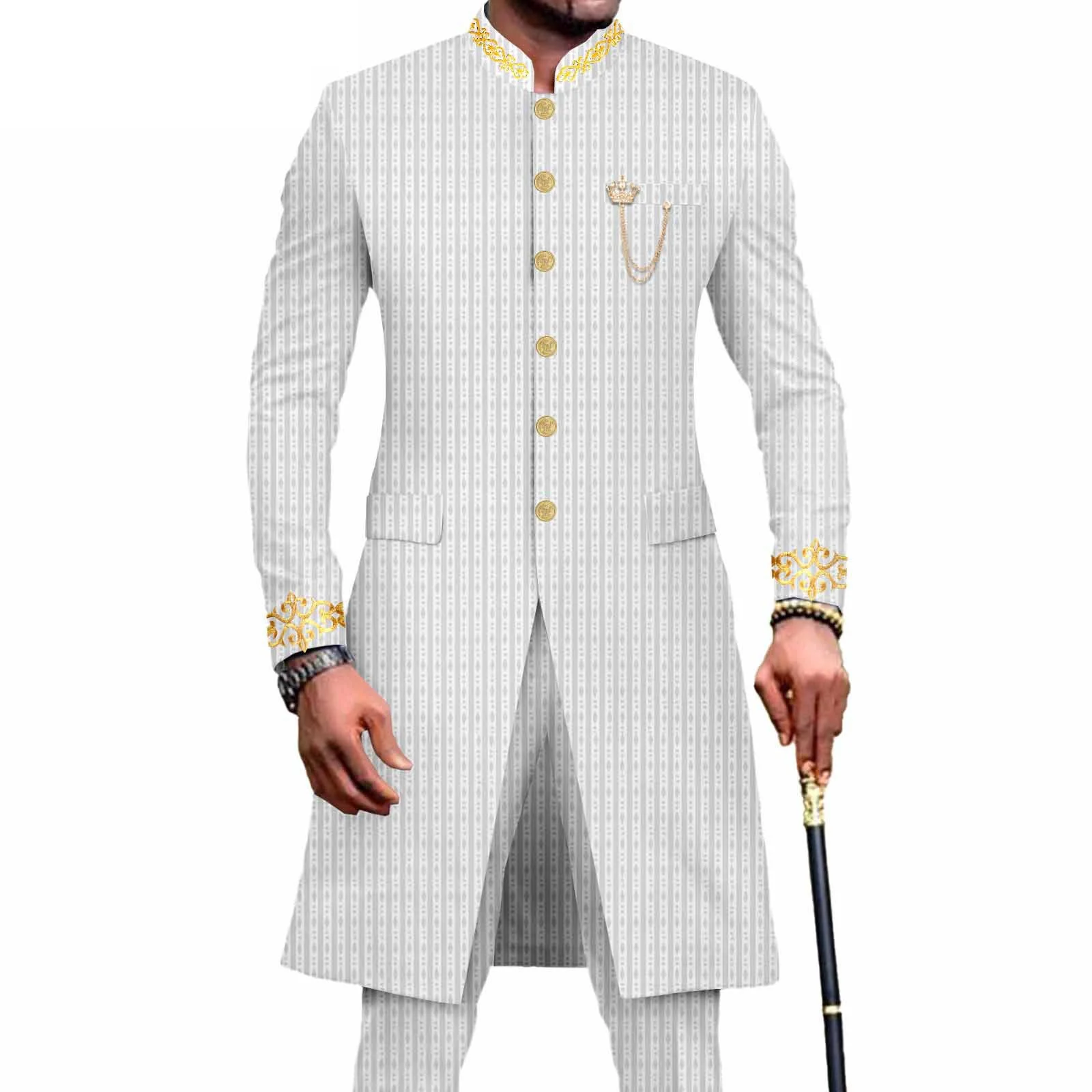 

African Suit for Men Dashiki Long Embroidery Jackets and Pants 2 Piece with Kerchief Slim Fit Formal Outfits Wedding Suits Gown