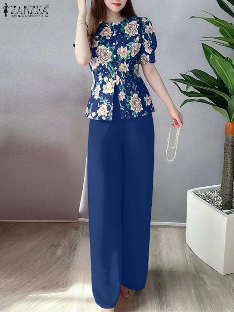 

ZANZEA Bohemian Pant Sets 2025 Summer Women Floral Print Short Sleeve Shirts and Solid Long Pants Oversized Fashion Casual 2PCS