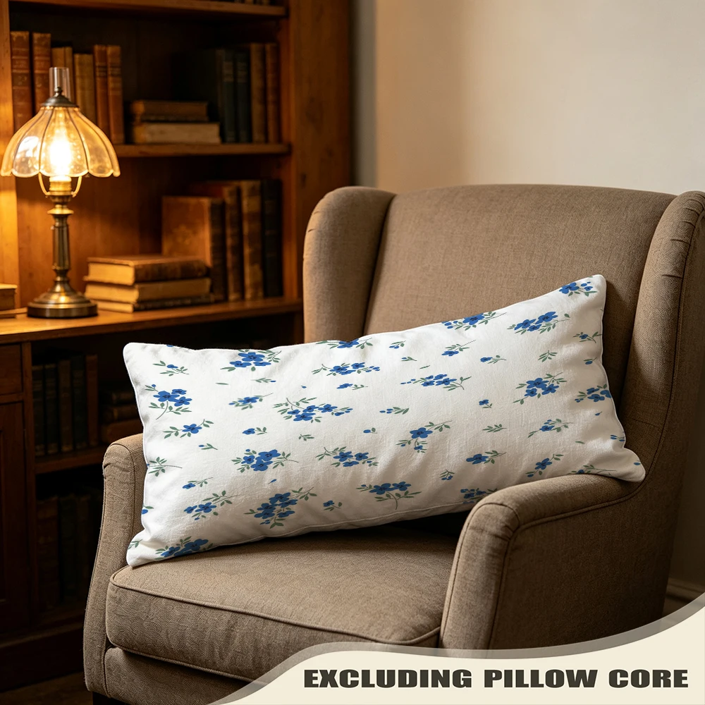 Blue White Sky Bloom Print Long Pillow Cover, Breathable Style, Garden Decorative, Polyester, Bed Decor, Multi Purpose