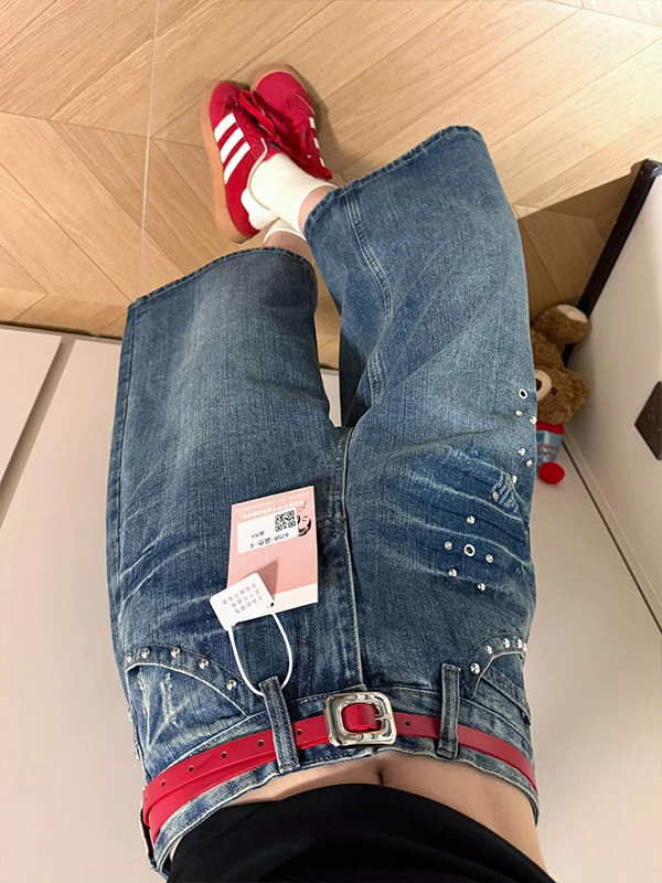 

High Waist Wide Leg Jeans Short Pants Women's Summer New Style Retro Blue Rivet Loose Straight Cut Trousers Casual Cotton Blend