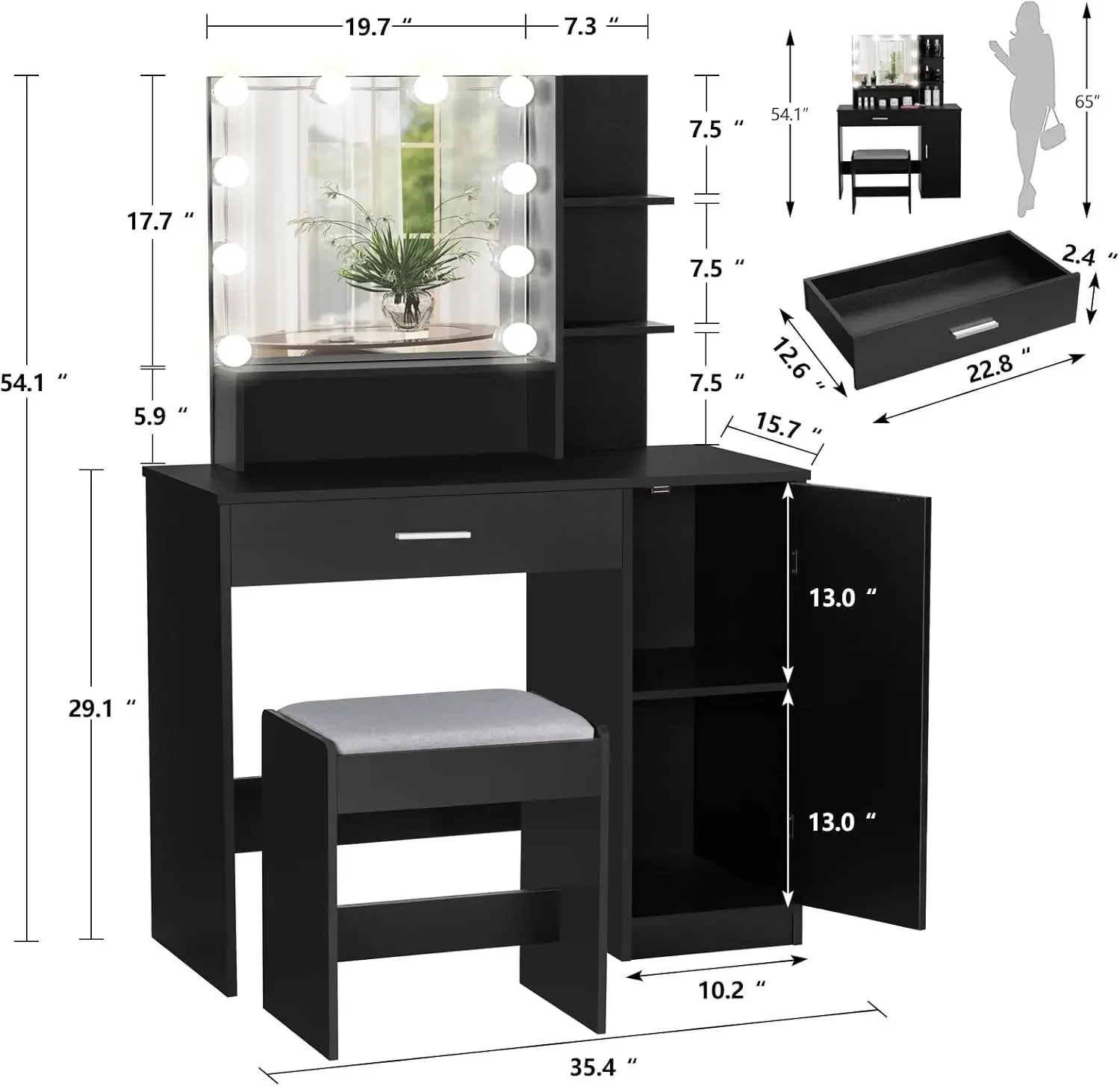 Makeup Vanity Desk for Valentine's Day, Vanity Desk Set with 1 Drawer, 1 Cabinet & 3 Shelves, Makeup Vanity Table with