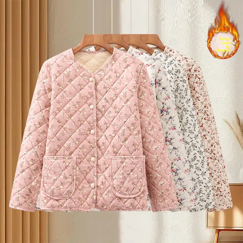 Floral Print Fleece Lined Cotton Jacket Women's Winter Warm Inner Wear Coat Casual Loose Fit round Neck Single Button Closure