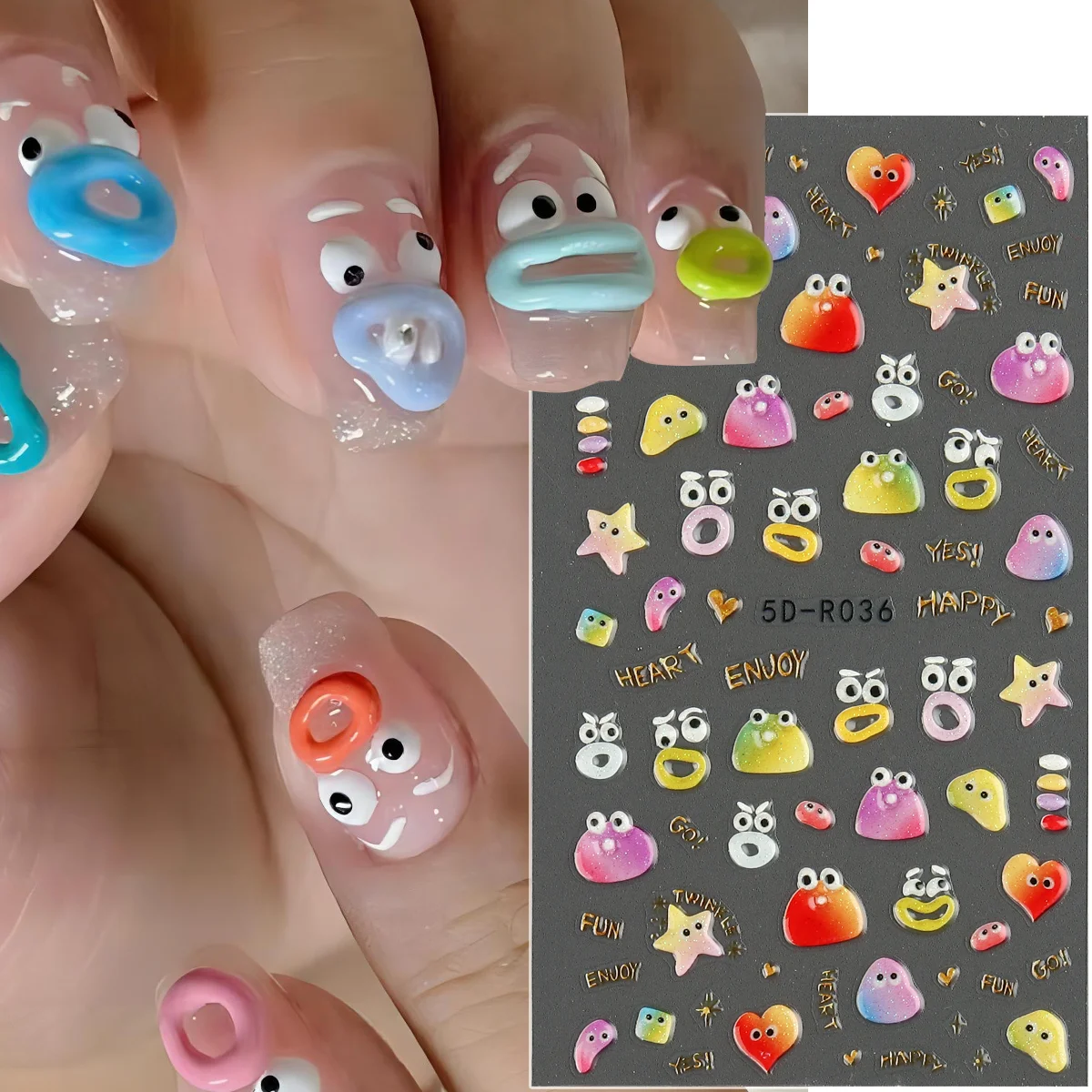 5D Colourful Small Eyes Embossed Nail Stickers 3D Emoticon Stars Letter Nail Decals Dopamine Cute Manicure Decoration LE5D-R036