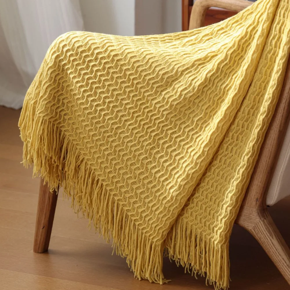 Yellow Vintage Nordic Knitted Oversized Blanket with Tassels Cozy Luxury Sofa Couch Bedspread Oversize Throw for Home Decor
