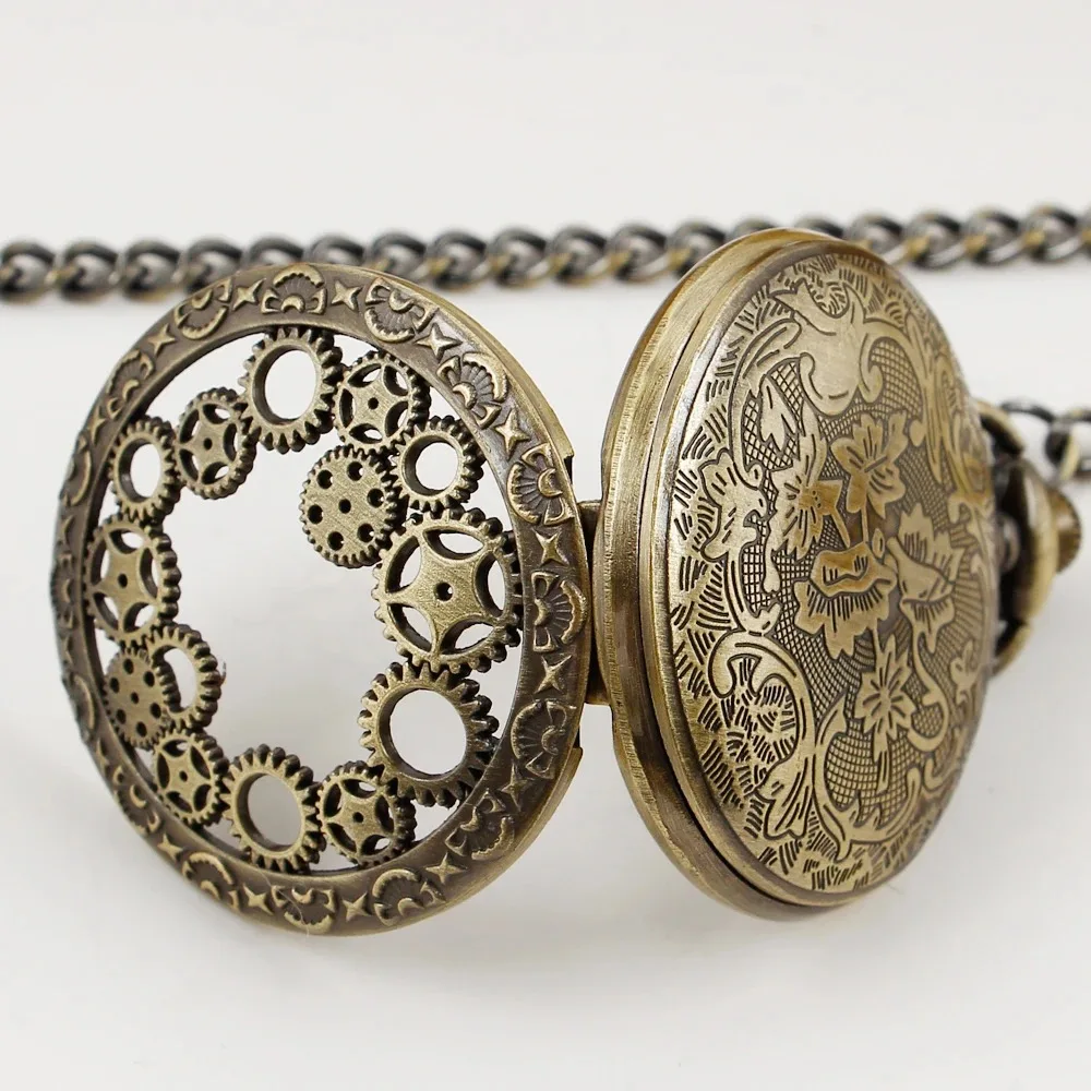Hollow Gear Quartz นาฬิกาพ็อกเก็ตนาฬิกา Vintage Bronze สร้อยคอโซ่กระเป๋า Fob นาฬิกาโบราณจี้ของขวัญผู้หญิงผู้ชาย