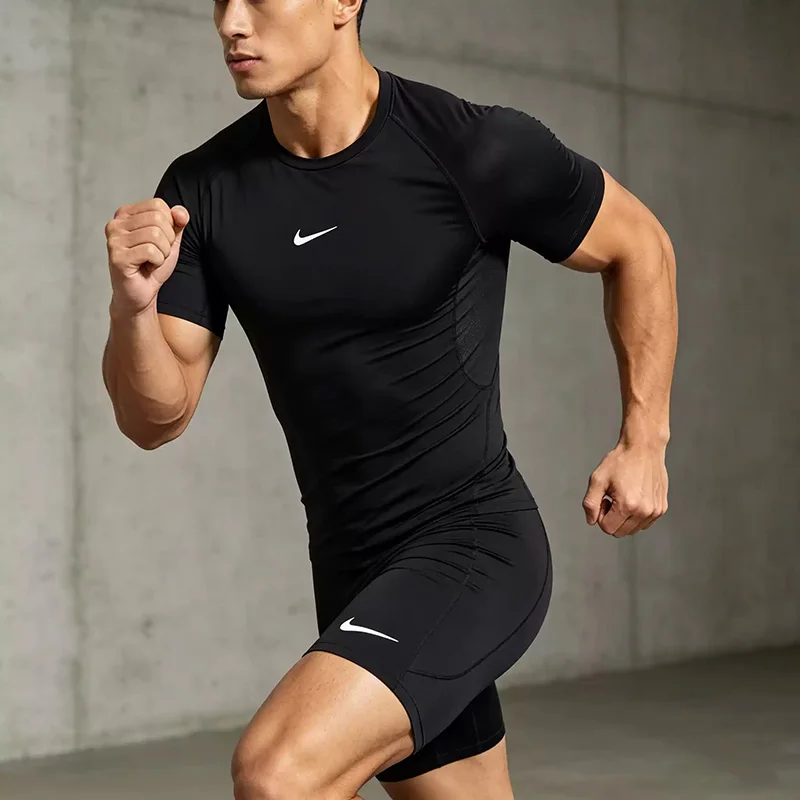 Nike Men's Black Tight-Fitting Sports T-Shirt - Summer New Design Fitness Training Quick-Drying Top Short Sleeve FB7933-010
