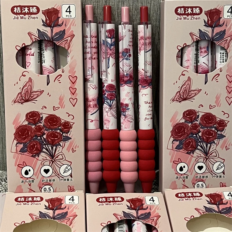 Bolígrafo de Gel de mariposa Kawaii, 4 piezas, tinta negra ST Nib, escritura suave, agarre suave, esponja, accesorios para la escuela y la Oficina, suministros de papelería