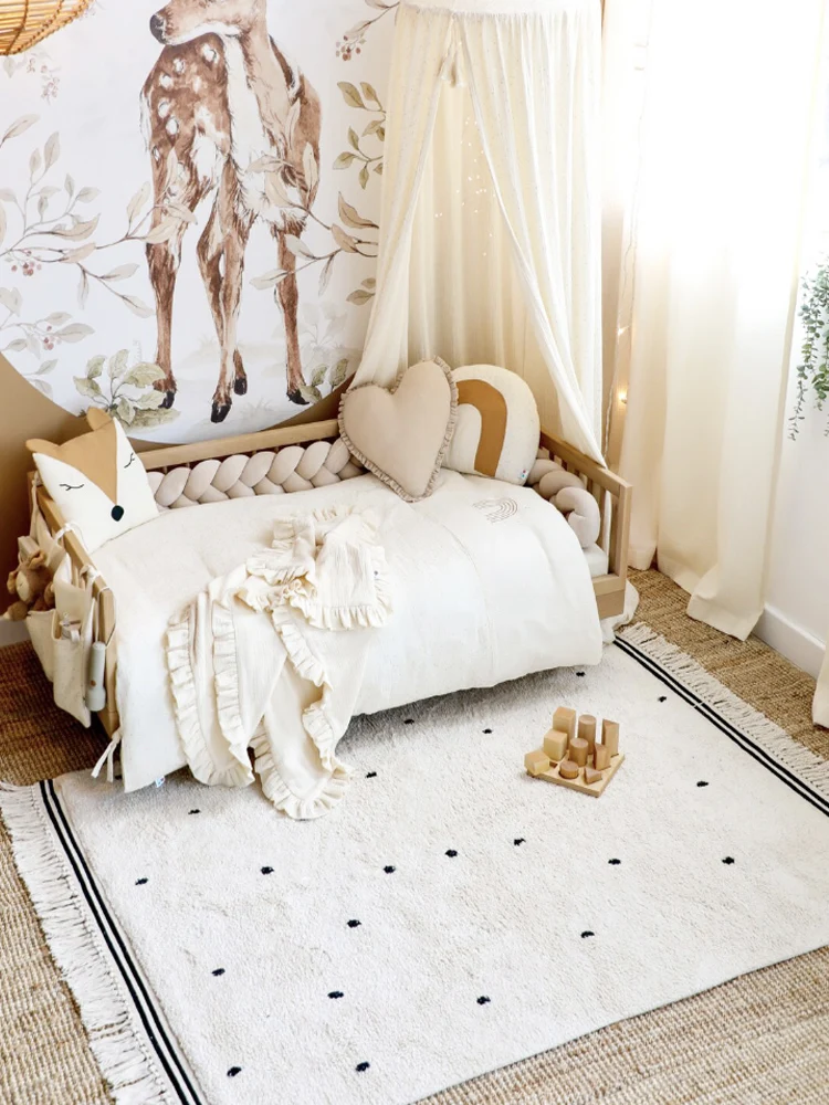 White Black Spot Soft Round Carpet Kid Room Play Mat Tassel Girl Bedroom Carpet and Rugs Decoration Nordic Carpets Living Room