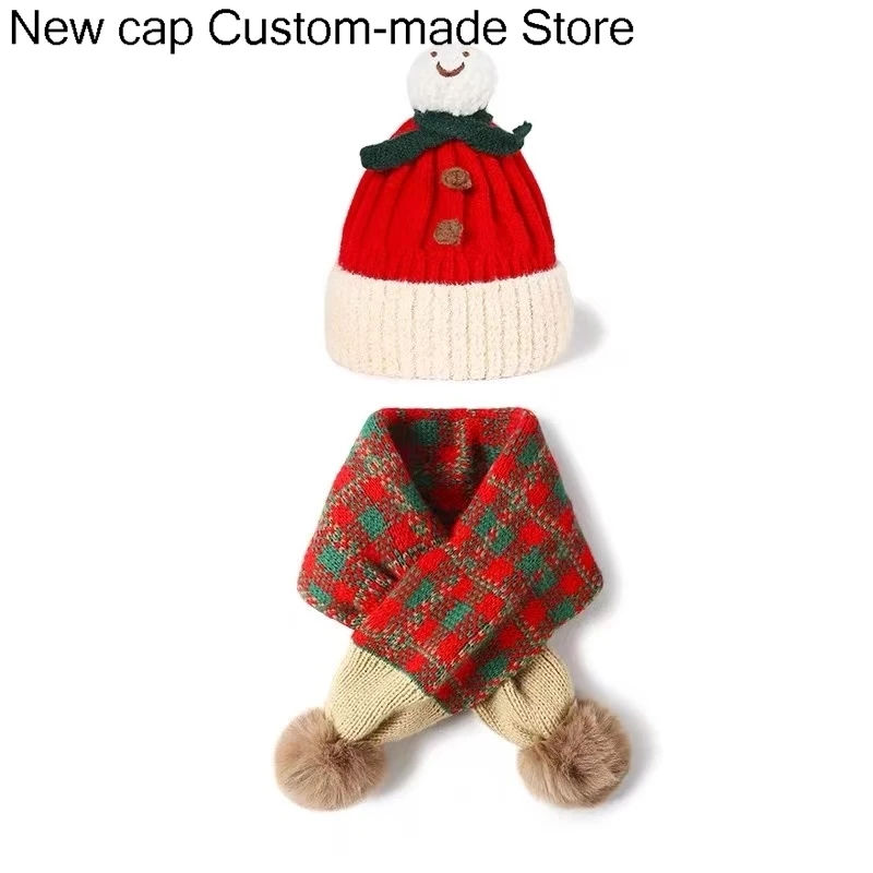 

Christmas Scarf Hat Two Piece Set Thick Warm Woolen Hat Christmas Tree Cartoon Pattern Winter Hat 2-6 Year Old Christmas Gift
