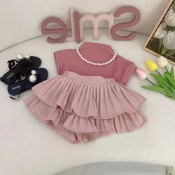Girls Set 2026 New Girls Summer Short Sleeved Pleated Skirt Two Piece Set Girls Summer Lovely Princess Clothes