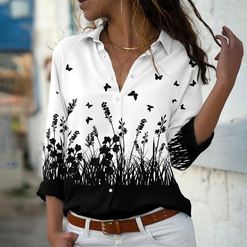 2025 Spring and Autumn New Cross-border Fashion 3D Digital Print Lapel Casual Long-sleeved Women's Shirt