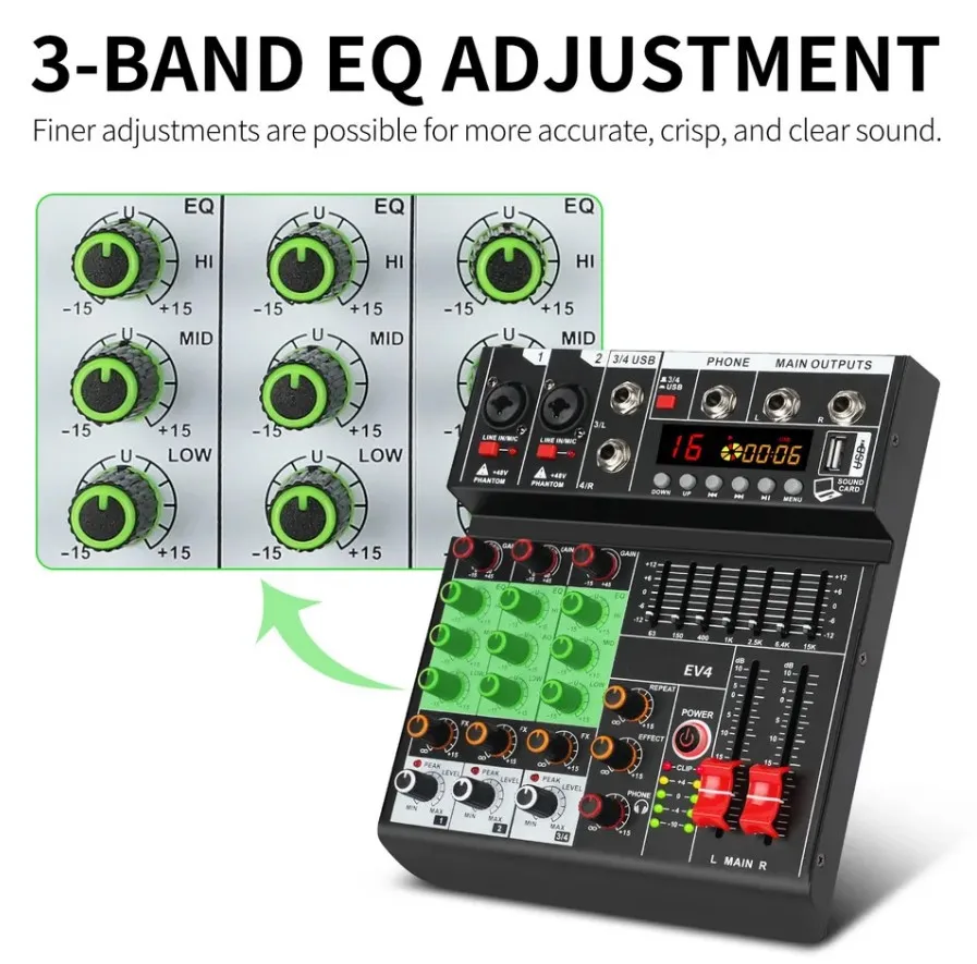 Professional 4-way Mixer with Reverb Bluetooth Playback Multichannel Control Effects Mixer