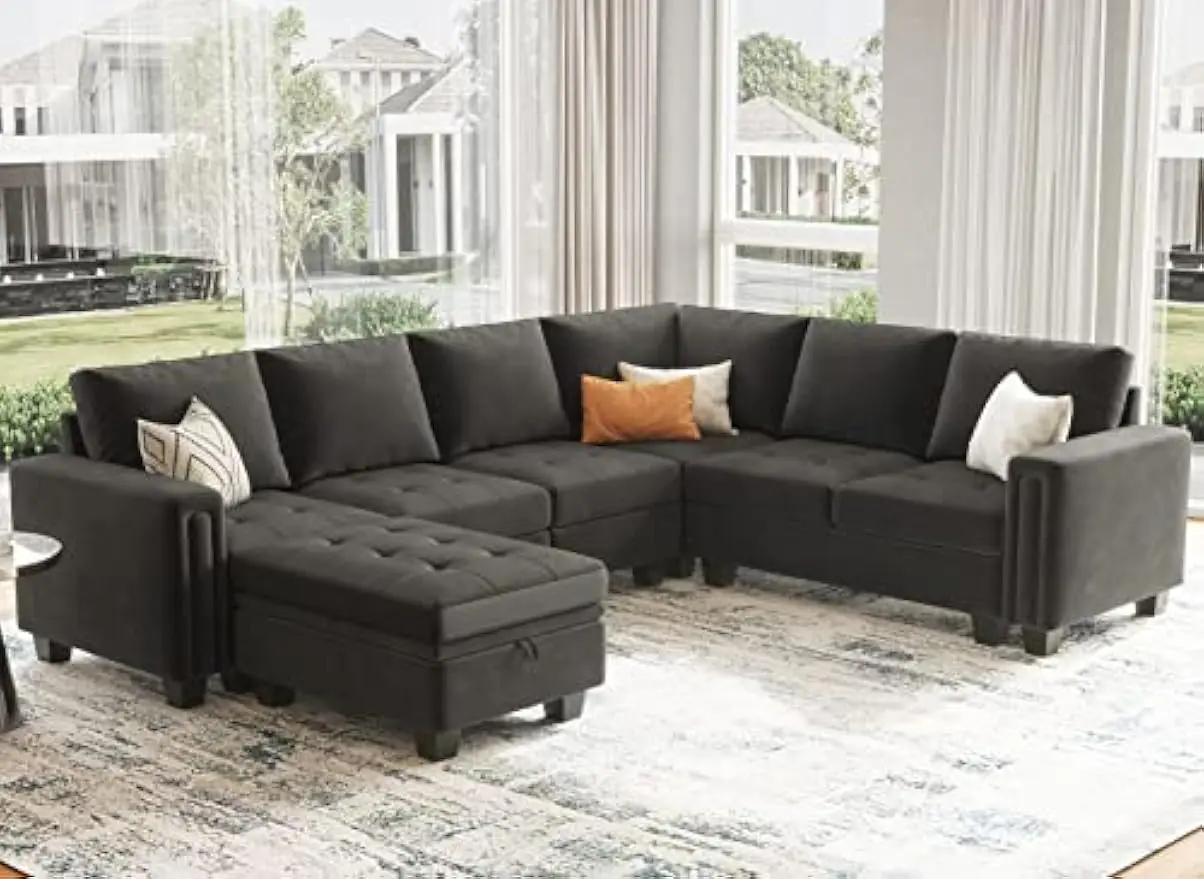 

Velvet Sectional Sofa with Storage Ottoman 6 Seater L Shaped with Reversible Chaise Convertible Corner Sectional Couch Grey