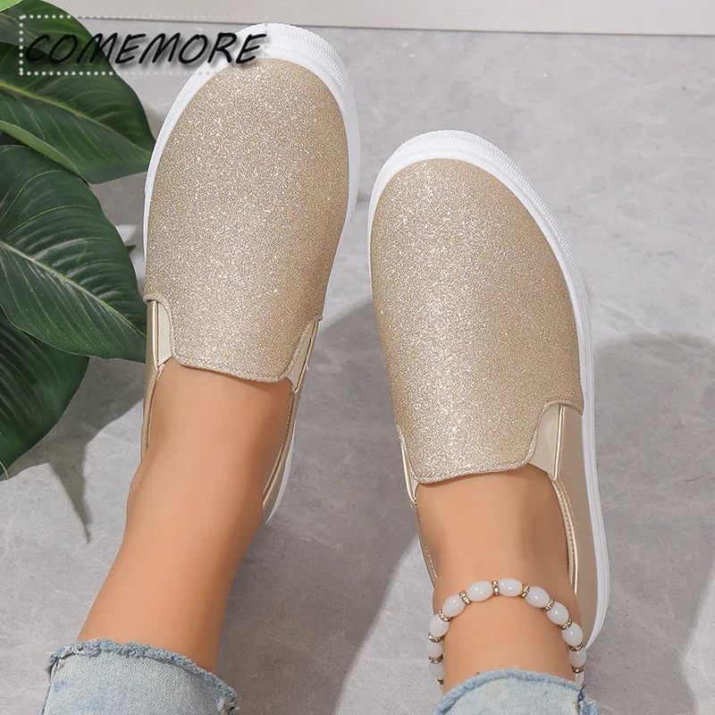 Shiny Gold Sequins Loafers for Women\'s Pu Leather Slip-On Platform Sneakers Woman 2024 Autumn Non-Slip Flats Casual Shoes Ladies