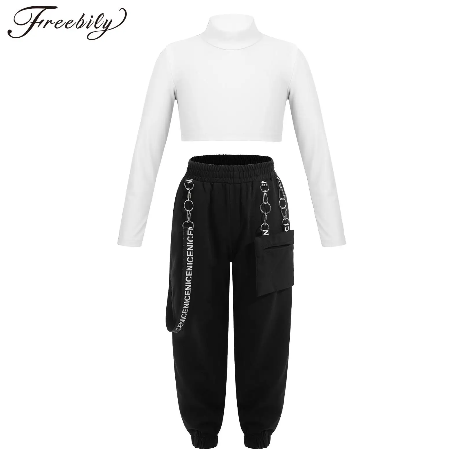 Kids Girls Jazz Dance Clothes Set Long Sleeve High Neck Crop Top with Sweatpants Hiphop Street Dance Stage Performance Outfits