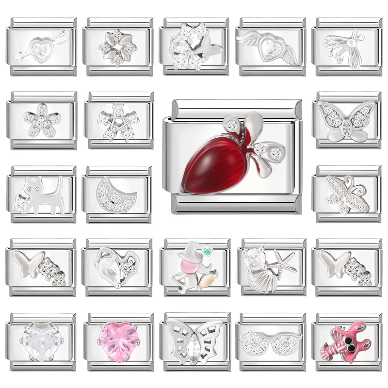 Shiny Zircon Radish Butterfly Star Moon Heart Italian Charm Links Fit 9mm Stainless Steel Bracelet Women Jewelry DIY Making Gift