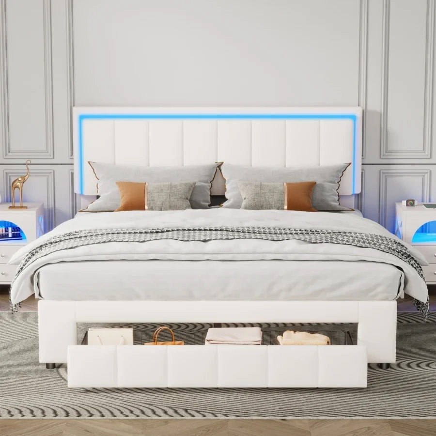 Upholstered Platform Bed with LED Lights and Two Motion Activated Night Lights,Queen Size Storage Bed with Drawer,White