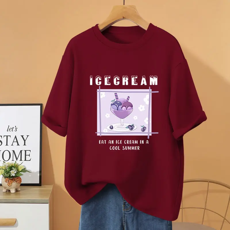 Women Clothing O-neck 100% Cotton Fashion Pullovers, Cartoon Letter Printed Top Tee, Summer Loose Casual Short Sleeve T-shirt