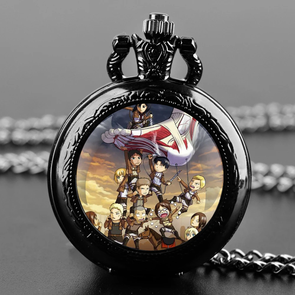 Jam tangan saku Quartz Attack on Titan dengan rantai kalung jam tangan liontin Quartz Antik rantai jam Pria Wanita