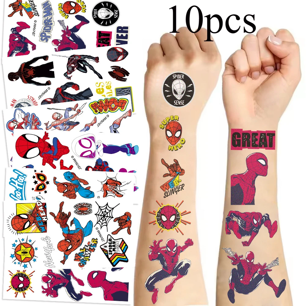 10pcs Spiderman Tattoo Stickers Kids Cartoon Disney Marvel Birthday Party Decoration Toys Stickers Waterproof Decal Gifts