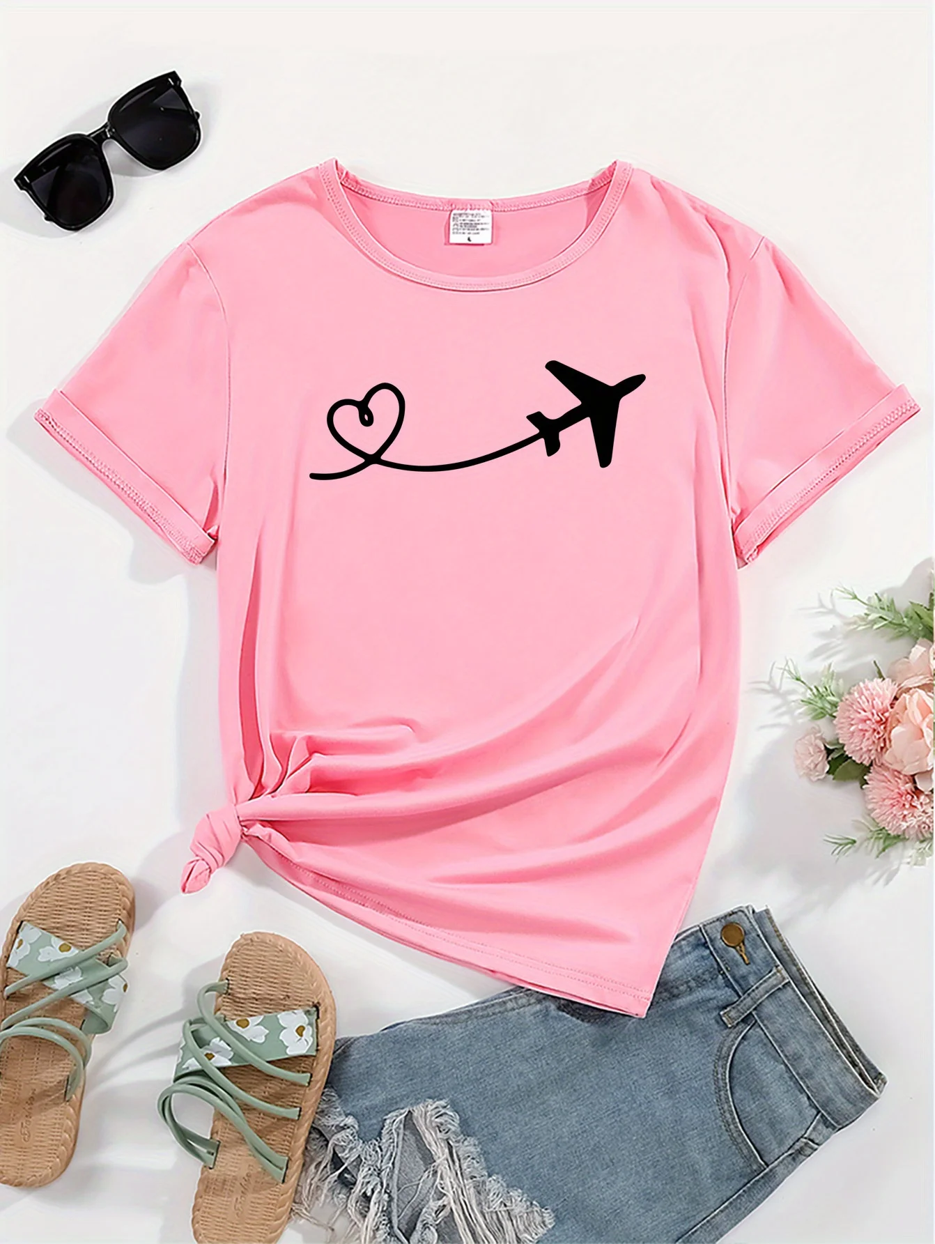 Heart & Airplane Print Casual T-Shirt, Round Neck Short Sleeves Soft Sports Tee, Women's Comfy Tops