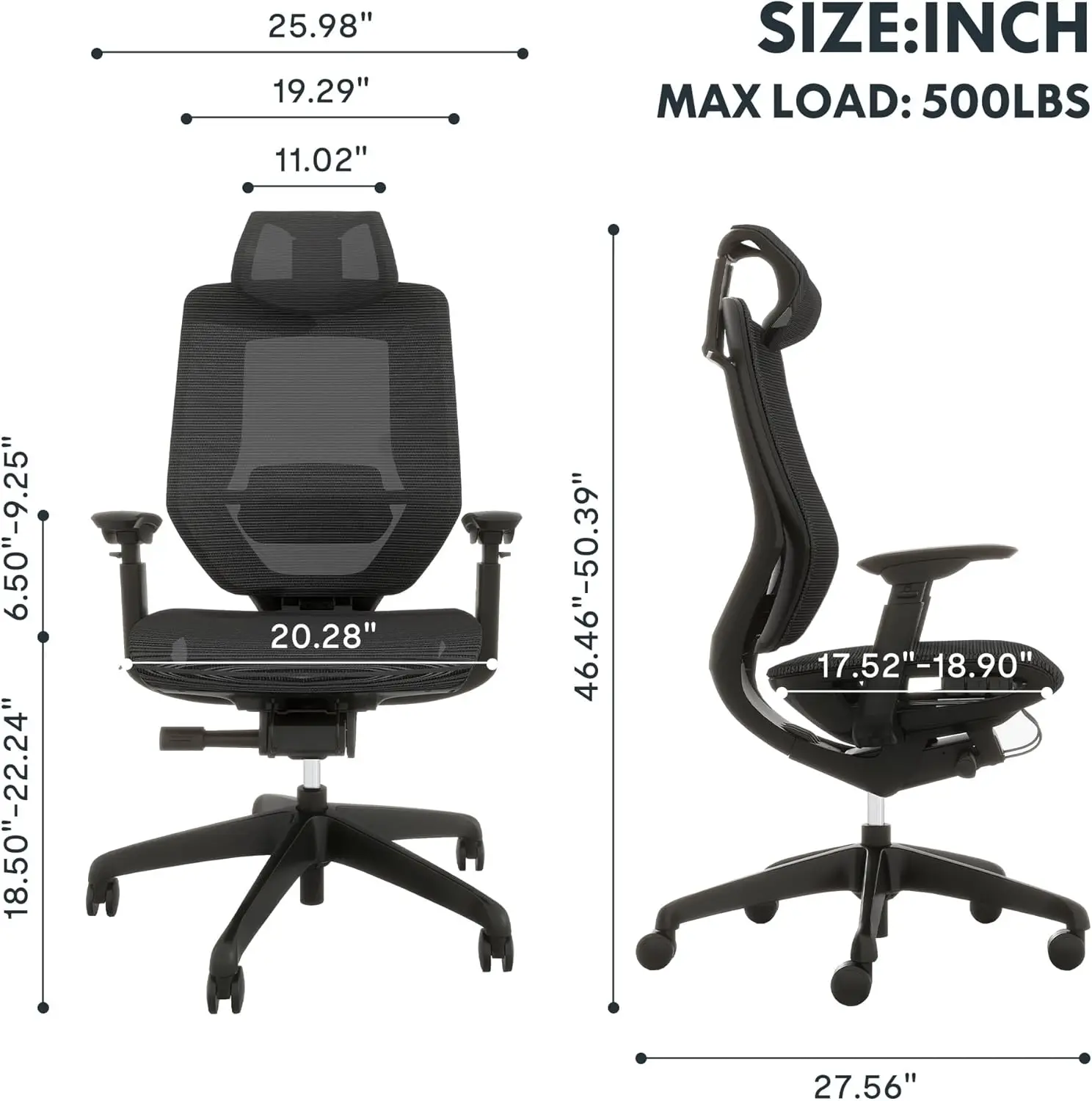 500LBS Big and Tall Office Chair Heavy Duty, High Back,Lumbar Support,Tilt Function,and 360°Swivel Wheels(Black)