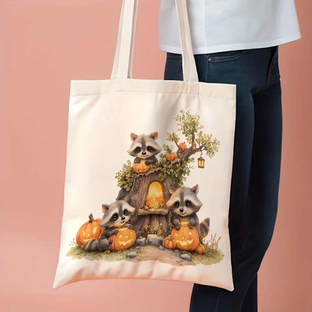 1pc, Raccoon Halloween Canvas Tote Bag Reusable Grocery Bags (35.05cm x 40.13cm), Stylish Halloween Themed Shoulder Bag for Dail