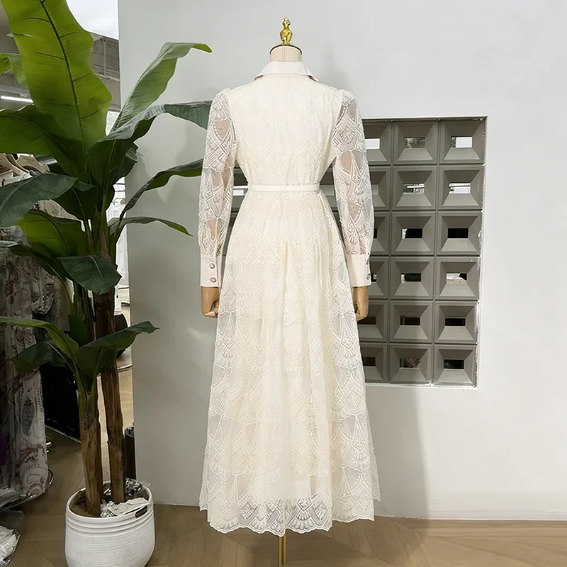 KBQ-vestidos sexis de encaje liso con apliques empalmados para mujer, vestido calado con temperamento de cintura alta y manga larga con cuello en V para mujer