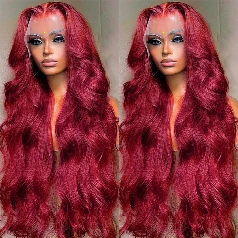 

Burgundy Body Wave Lace Front Wigs Human Hair Pre Plucked For Women 13x4 HD Lace Frontal Wigs 99J Human Hair Wigs 180% Density