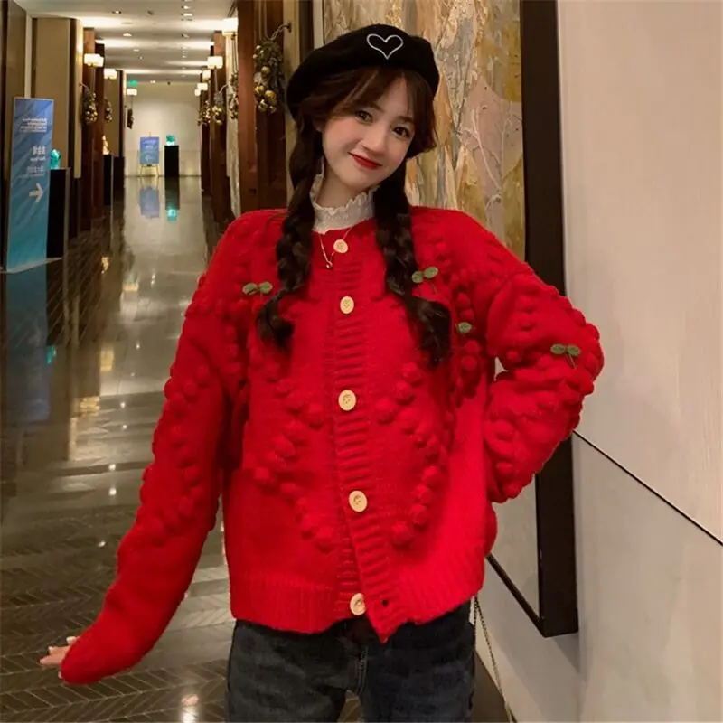 Korean Fashion Women Knitted Cardigan Vintage Warm Autumn O-Neck Long Sleeved Loose Sweet Coat Casual Women's Clothing