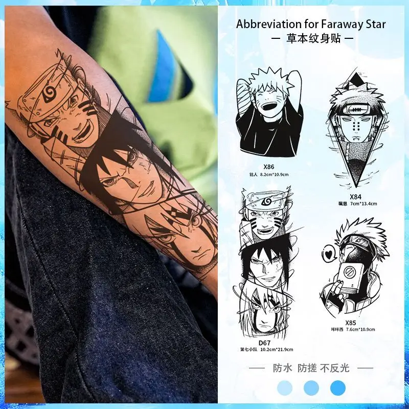 Pegatinas de tatuaje de Naruto Sasuke, pegatinas de transferencia de hierbas de Anime, arte corporal para adultos, tatuaje falso duradero sin fallos para brazo, regalos de juguete