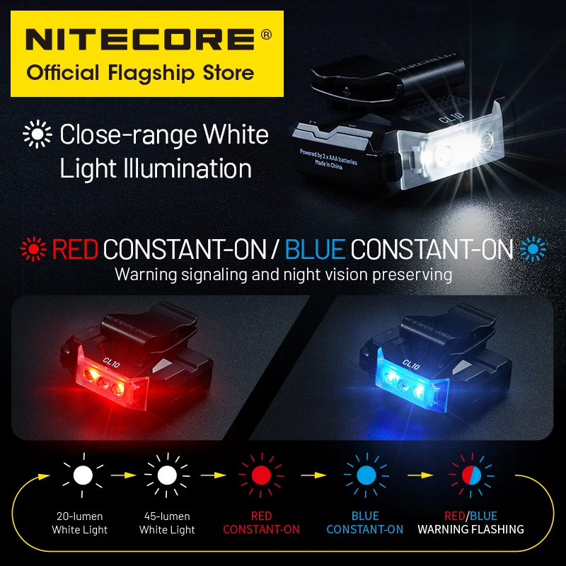 NITECORE CL10 ضوء بمشبك 45 لومن ضوء أبيض أحمر أزرق تحذير وامض قوة بواسطة بطارية AAA لدراجات إنفاذ القانون
